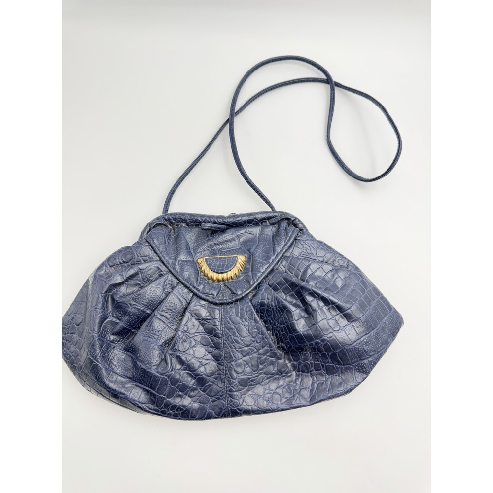 Vintage Blue Croc Embossed Clutch Purse w Strap Shoulder Crossbody Style
